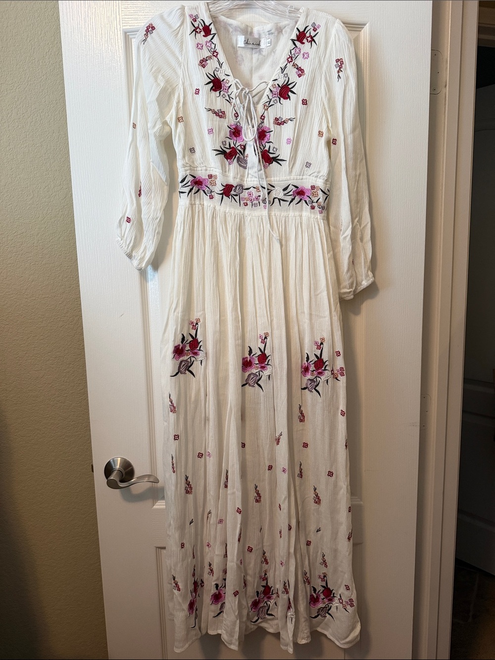 Chicwish White Maxi Dress with Pink & Magenta Floral Embroidery